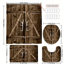 4pcs Wooden Door Antler Handle Shower Curtain Gift Modern Home Bathroom Decoration Curtain And Toilet Floor Mat 3pcs Set With 12 Shower Curtain Hooks Bathroom Accessories Back To School Fall Decor