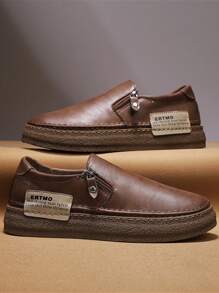 男士休闲运动鞋，2025春季软底轻便舒适鞋，男士低帮圆头侧拉链厚底时尚百搭男鞋，男士PU皮防水防油渔夫鞋 - 棕色 - 查看 4