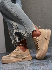 (Run Small Size) Women's Simple Patchwork Comfortable Versatile Casual Black Flat Sneakers, Personalized Outdoor Fashion Business Lace-Up Skateboard Shoes - Khaki - View 8