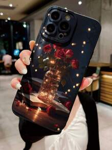 1pc Fashion Glass Bottle Rose Pattern Camera Full Body Shockproof Phone Case, Minimalist Design Compatible With IPhone//OPPO/Vivo/Redmi/ Series