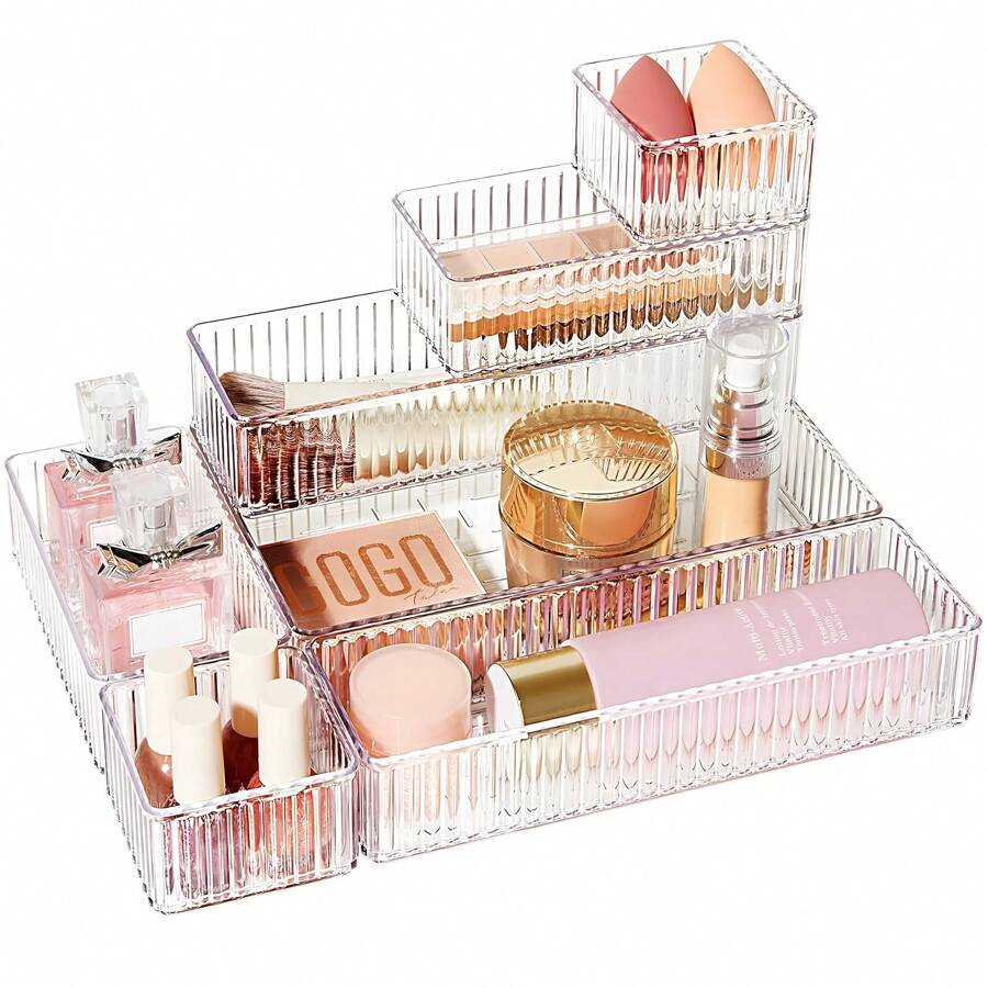 7/10/14 PCS Clear Drawer Organizers Bins, 4-Size Stackable Makeup And Vanity Drawer Organizer Trays, Acrylic Bathroom Drawer Storage Containers For Cosmetic, Office Supply, Kitchen Utensils Gadgets