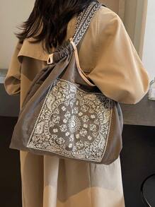 女士时尚手提包手提包，大容量防水帆布刺绣设计单肩包，个性化图案便携式手提包 - 灰色 - 查看 2