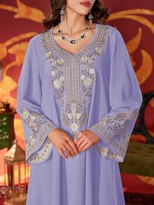 Đầm dài thêu hạt cườm phong cách Ả Rập thanh lịch dành cho nữ có cổ hình trái tim - Màu tím - Xem 7