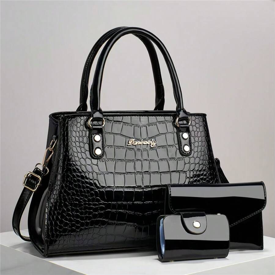 This Is A Versatile And Stylish Tote Bag Set For Middle-Aged Women, Perfect For Moms. It's A New 2025 Spring And Autumn Model, Featuring A Chic And Elegant Design. The Set Includes Three Handbags. - Black - View 1