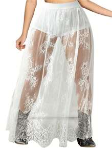 Women's Lace Long Skirts High Waist Solid Color See-Through Midi Skirts With Built-In Shorts - White - View 2