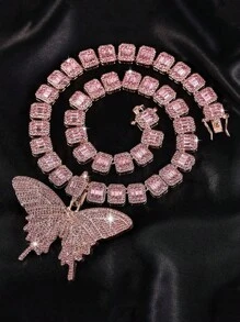 Fashion Crystal Pink Butterfly Pendant & Punk Spiked Cuban Link Chain Necklace Set, Unisex Party / Gift Decorative Box Included