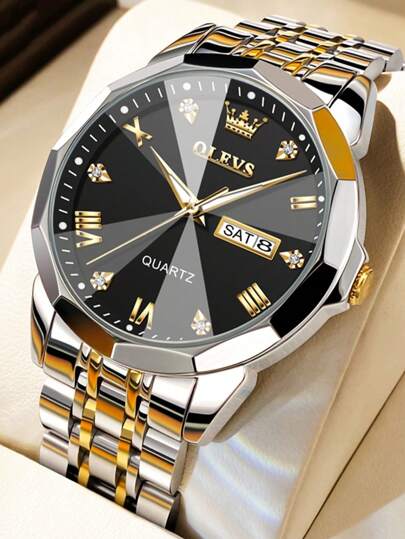 OLEVS. 1 件时尚男士不锈钢石英防水夜光手表，带双日历，男士休闲钻石表盘腕表，男士日常佩戴手表，男士礼物