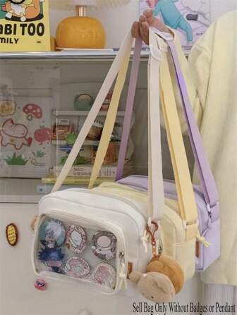 2025可爱女孩糖果色透明手机袋钱包，新款单肩包，斜挎包，PVC DIY徽章展示板手提包，时尚米黄色女包