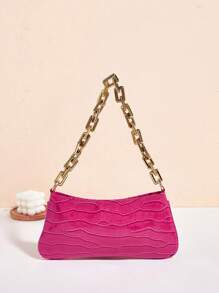 Bright Color Snake Skin Acrylic Gold Chain Decor Shoulder/Underarm Baguette Bag - Hot Pink - View 2