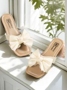 Girls' Solid Color Big Bow Style Square Toe Flat Sandals Are Lightweight And Breathable, Suitable For Home And Outdoor Use - Beige - View 1