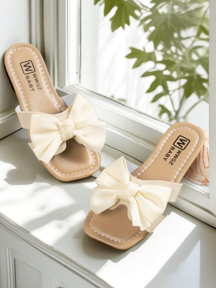 Girls' Solid Color Big Bow Style Square Toe Flat Sandals Are Lightweight And Breathable, Suitable For Home And Outdoor Use - Beige - View 1