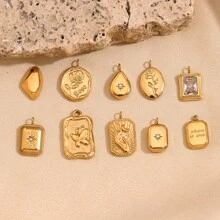 1pc Fashionable Geometric Jewelry Accessory, 18K Gold Plated Stainless Steel Water Drop Rose Cube Pendant, For Women
