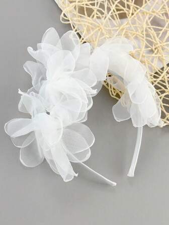 1 件装女童优雅花朵头带白色薄纱发带婚礼派对发箍花童公主头饰度假头饰儿童发饰