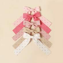 5入組女童金點絨織繡帶長尾髮夾,帶蝴蝶結,適用於馬尾髮型 - 粉色 - 查看 1