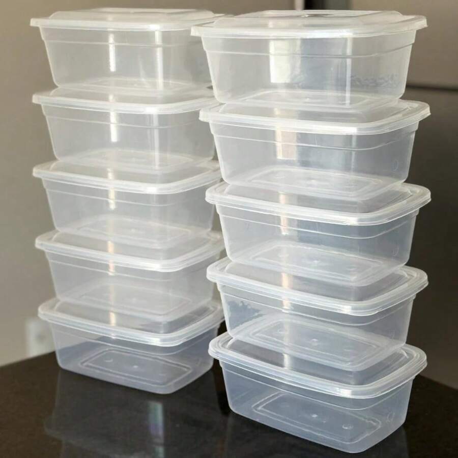 Kit Of 10 1 Liter Transparent Rectangular Washable Fitnees Lunch Box Pots - Transparente - Ver 1