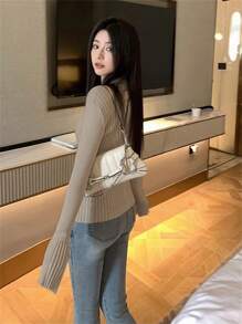 V-Neck Design With Thin Buckle, Long Sleeve, Ribbed Sweater, Bottom Cardigan For Women, Autumn/Winter - Light Khaki - View 5