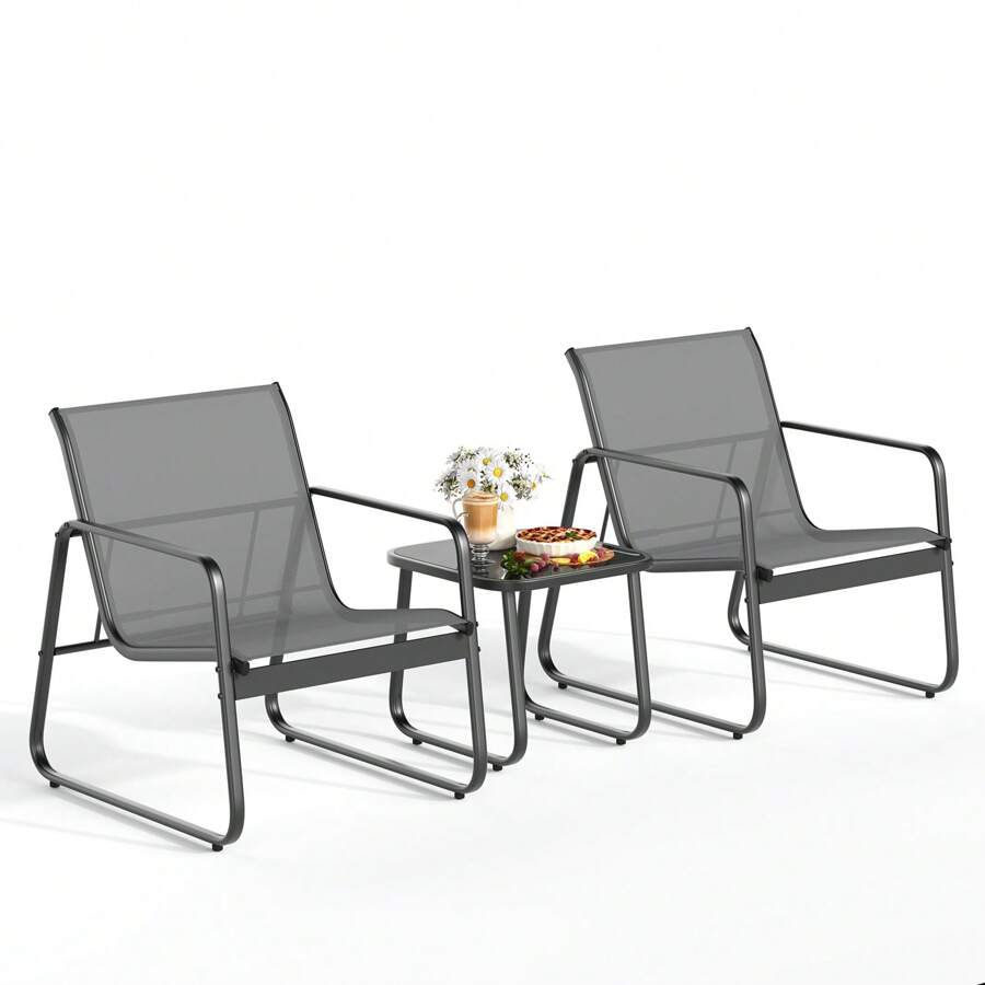 Asofer 3-Piece Outdoor Muebles Set With Sofa-Style Chairs & Glass Top Table, Patio Chairs Set Of 2,Modern Outdoor Decor Patio Furniture For Camping - All-Weather Conversation Set For Backyard, Pool, Garden And Balcony - 灰色 - 查看 1