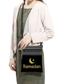 复古优质星月字母设计男女通用单肩斜挎包，可重复使用，时尚休闲斜挎包，金色图案印花收纳包，派对礼物，星月爱好者的礼物 - 黑色 - 查看 4