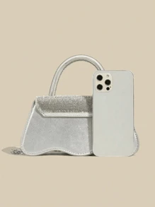 Shiny Rhinestone Solid Color Bow Evening Bag, Women's Rhinestone Handbag Metal Chain Crossbody Party Bag, Suitable For Party Dress, Y2K, Wedding, Holiday, Party, Dance, For Gift Giving - Silver - View 9