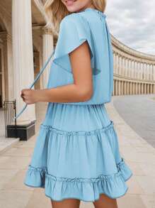 Woman Casual Summer Ruffle Design Mini Light Dress - Baby Blue - View 3