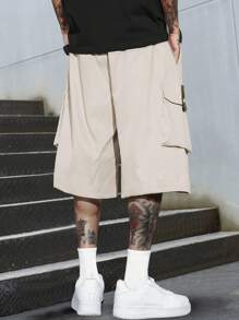 Hidkat Summer Lightweight Men's Cargo Capri Pants With Drawstring Waist, Large Pockets, Letter Patch, Fashion Casual Sportwear For Daily Wear & Outdoor Activities