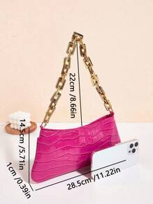 Bright Color Snake Skin Acrylic Gold Chain Decor Shoulder/Underarm Baguette Bag - Hot Pink - View 3