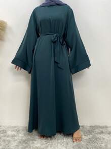 Fashiona Women's Solid Color Round Neck Loose Long Robe Dress, Dignified - Dark Green - View 1