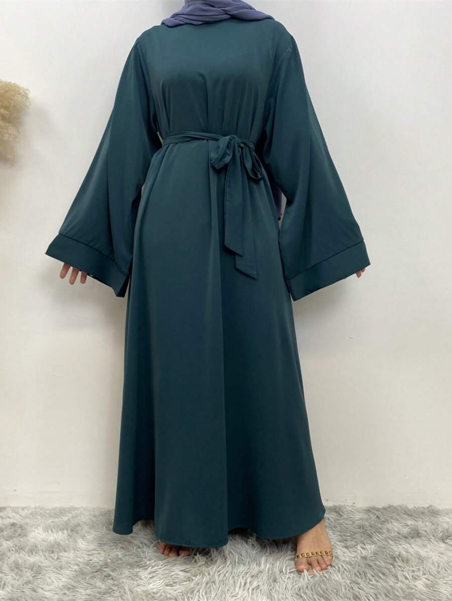 Fashiona Women's Solid Color Round Neck Loose Long Robe Dress, Dignified - Dark Green - View 1