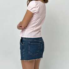 Women Summer Short Sleeve V-Neck Button Down Shirts Dressy Victorian Blouse Tops Puff Sleeve Casual Dressy Blouses Eyelet Tee Tops - 粉色 - 查看 6