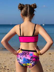3-delige set meisjesmode, tweedelig badpak met bandjes, bikini en cover-up