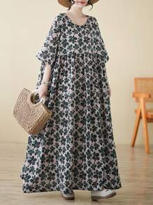 Top, Bohemian Casual Holiday Dress, Green Flower Beach Dress, Women's Elegant Everyday Dress, Summer 2025 New Short-Sleeved Crewneck Dress, Women's Plus-Size Holiday Dress, One Dress,