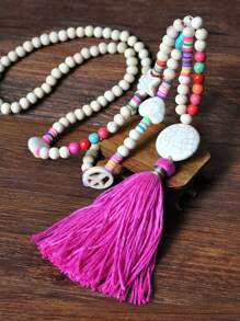 Dây chuyền dài tua rua nhiều màu sắc theo phong cách Boho với hạt gỗ thủ công, mặt dây chuyền hình trái tim và hòa bình, vòng tròn và chữ thập và ngôi sao màu ngọc lam, trang sức mùa xuân/hè cho tiệc lễ - Nhiều màu - Xem 17