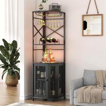 Corner Bar Cabine, 5/6-Tier Industrial Wine Cabinet With LED Strip And Glass Holder, LED Liquor Cabinet Bar Unit For Home, Corner Display Cabinet For Small Space