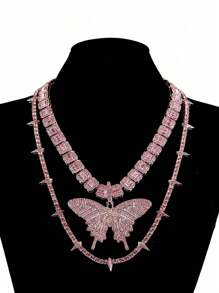 Fashion Crystal Pink Butterfly Pendant & Punk Spiked Cuban Link Chain Necklace Set, Unisex Party / Gift Decorative Box Included