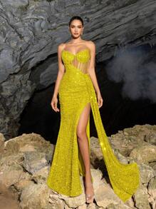 Faeriesty Women Elegant Elegant Strapless Glittery Gown With Side Drape & High Slit – Elegant Evening Dress For Spring-Summer Formal Occasions | Perfect For Red Carpet, Gala, Wedding & Luxury Party, Wedding Guest Dress,Summer Holiday Outfits - Yellow - View 6