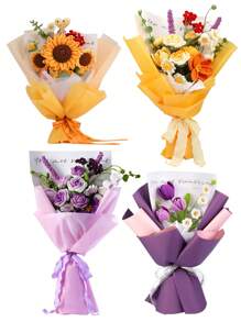 1 Conjunto Kit de Crochê de Buquê de Flores para Iniciantes, DIY Tricô de Lã, Material do Buquê de Rosas, Tulipas, Girassóis com Acessórios Básicos e Tutoriais, Presente Ideal para Férias
