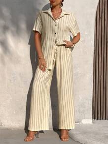 Women's Summer Casual Vacation Striped Long Style Blouse & Pants Two-Piece Set (Random Print) - Light Apricot - View 4