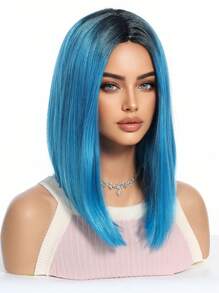14 英寸合成假发棕色渐变蓝色长直发带刘海合成纤维假发头发替换假发适合女性女孩 - 漸層藍色 - 查看 3