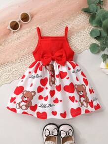 2pcs Set Casual Elegant Sweet Cute Baby Girl Outfit, Soft Comfortable Heart Elephant & Cartoon Bear Print Bow Strap Princess Dress, Baby Girl Dress, Toddler Girl Clothing, Suitable For Daily Use, Vacation, Party, Photo Shoot