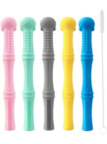 6pcs/Set, 5 Baby Teethers & 1 Cleaning Brush, Silicone Teething Toys For 3-12 Month Babies, Safe Silicone, Dishwasher Safe