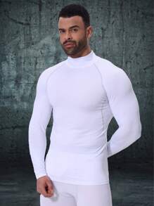 高弹速干压缩高领长袖紧身健身衫，男士高领长袖运动衫，透气运动跑步上衣，防晒白色春季款 - 白色 - 查看 3