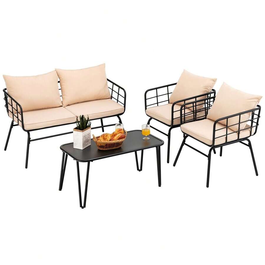 ERGOMASTER  4 PCS Patio Conversation Set Outdoor Furniture Loveseat Coffee Table 2 Chairs - Ginger - View 1