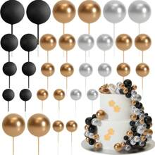 32 Pcs Ball Cake Topping Decoration Mini Balloon Cake Decoration Stick Foam Ball Cake Paddle Cake Decoration For Wedding Party Birthday Cake Decoration Gold, Silver Black