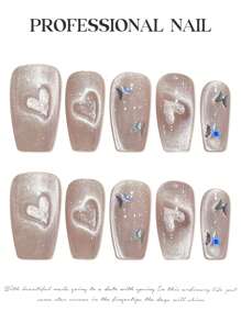 YADORNOS 10Pcs Glitter Pink Love Cat'S Eye French 3D Butterfly Rhinestone Handmade Acrylic Press On Nails Spring Summer Simple Sweet Cute Butterfly Rhinestone Decoration Short Coffin/Long Oval False Nails Full Cover Fake Nails With Jelly Glue And Nail File Back To School Valentine'S Day Wedding Bride Daily Wear Nail Supplies Nails Handmade Press On Nails - Pink - View 5