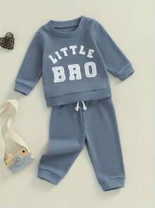 Toddler Boy Waffle Pants Set Letter Embroidered Long Sleeve Cute Sweatshirt Drawstring Pants Outfits