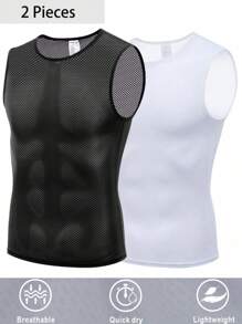 Qualicos 2Pcs Boyfriend Style Men's Cycling Sleeveless Base Layer, Quick-Dry Sport Vest For Running And Fitness