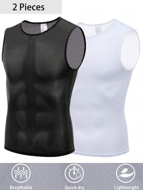 Qualicos 2Pcs Boyfriend Style Men's Cycling Sleeveless Base Layer, Quick-Dry Sport Vest For Running And Fitness