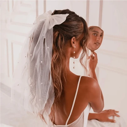 1pc Bride Veil Faux Pearls Bow Tulle Wedding Hair Headpiece, Bridal Shower Hair Accessory Valentine's Day Accessories