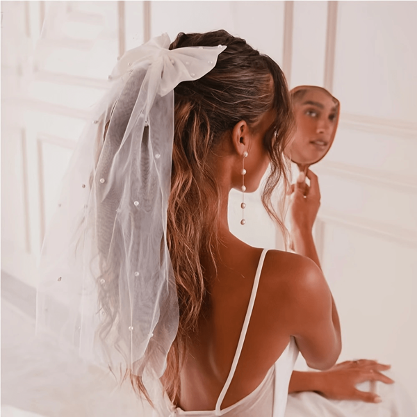 1pc Bride Veil Pearls Bow Tulle Wedding Hair Headpiece, Bridal Shower Hair Accessory