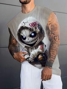 男士休闲骷髅和字母印花圆领无袖背心，涤纶面料，适合户外和街头穿着，夏季 - 彩色 - 查看 4